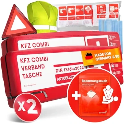 Abbildung von PURAHELP 2x KFZ Kombitasche nach aktueller Norm 2025 DIN 13164 (StVO konform) Inkl. Warndreieck, Warnweste Verbandskasten Warndreieck Set Auto