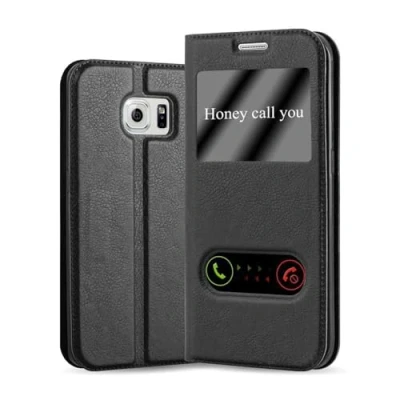 Abbildung von Cadorabo Hülle kompatibel mit Samsung Galaxy S6 Edge Plus Sichtfenster aus Kunst Leder Flip Klappbare Magnetische [Kartenfächern] Cover für Tasche in Schwarz