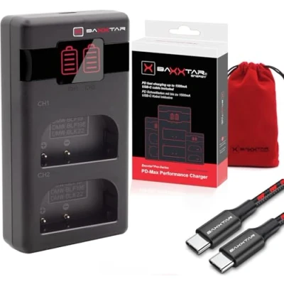 Abbildung von Baxxtar DMW BLK22 BLF19 PD MaxPerformance Akku Ladegerät (1500mA) USB C Mini Dual LCD PD/QC fähig (1619422) DC S5D GH6 GH7 etc