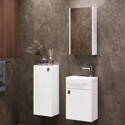 Abbildung von Planetmöbel Badset komplett aus Unterschrank 40cm mit Waschbecken, Spiegelschrank und 1x Midischrank in Weiß, Komplettset für Badezimmer 4 teilig