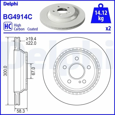 Abbildung von DELPHI BG4914C Bremsscheibe 300 22 5 Belüftet beschichtet hochgekohlt ohne Radlager, ABS Sensorring MERCEDES BENZ: S Klasse Limousine, SL Cabrio