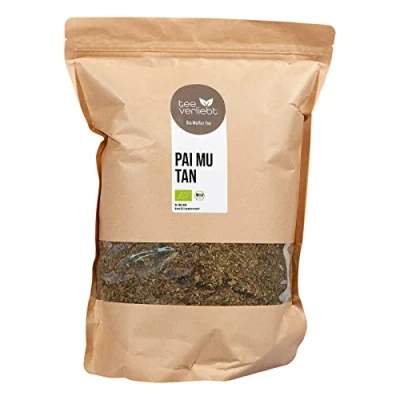 Abbildung von teeverliebt Bio Pai Mu Tan Tee 1000 g feinschnitt I Weisser lose fein geschnittene Blätter aus kontrolliert biologischem Anbau belebend frische Teemischung 1000g