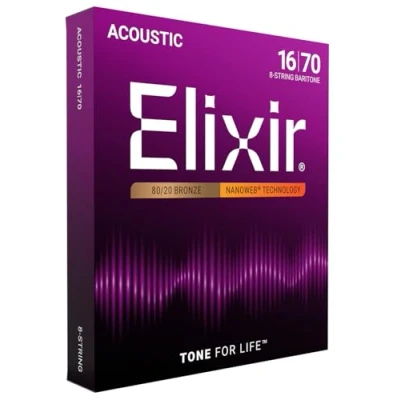 Abbildung von Elixir® Saiten 80/20 Bronze 8 saiter Akustik Gitarrensaiten mit NANOWEB® Beschichtung, Baritone (.016 .070)