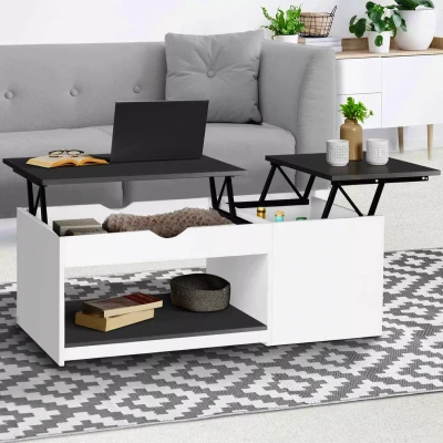 Abbildung von IDMarket Couchtisch mit 2 aufklappbaren Tabletts EYLA Truhe, Holz, Weiß und Grau