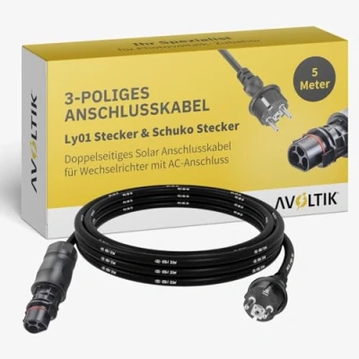 Abbildung von Avoltik 3 poliges Wechselrichter Anschlusskabel 5m I Robustes Kabel mit Ly01 Stecker &amp; Schuko doppelseitiges Solar für AC Anschluss Buchse