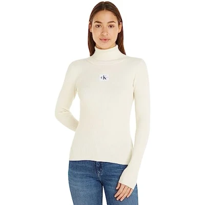 Abbildung von Calvin Klein Jeans Badge ROLL NECK Sweater Strickpullover, Damen, Größe: Large, Ivory