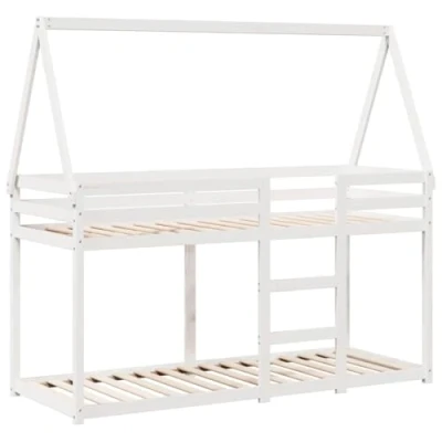 Abbildung von vidaXL Etagenbett, Hochbett mit Dach Leitplanken, Stockbett für Schlafzimmer, Bett Holzbett Einzelbett, Weiß 90x200cm Massivholz Kiefer