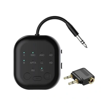 Abbildung von eppfun Bluetooth 5.3 Adapter für Auto/TV/Flugzeug/Air Fly, Sender Empfänger Klinke 3,5, Audio Transmitter mit APTX Adaptive, Splitter 2 kopfhörer, Schwarz