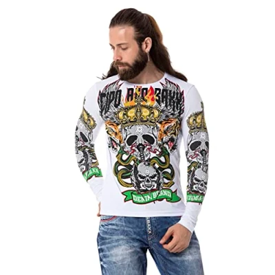 Abbildung von Cipo &amp; Baxx Herren Langarmshirt Totenkopf Print Longsleeve Rundhals Sweater CL514 Weiß M