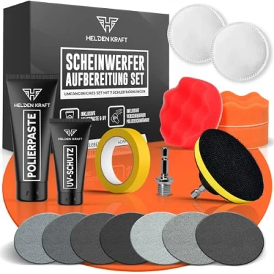 Abbildung von HELDENKRAFT® Scheinwerfer Aufbereitung Set [24 Teile] Reparatur &amp; Polierset für alle gängigen Autoscheinwerfer mit UV Schutz, Politur Schleifscheiben in 7 Körnungen [Komplettset Adapter]