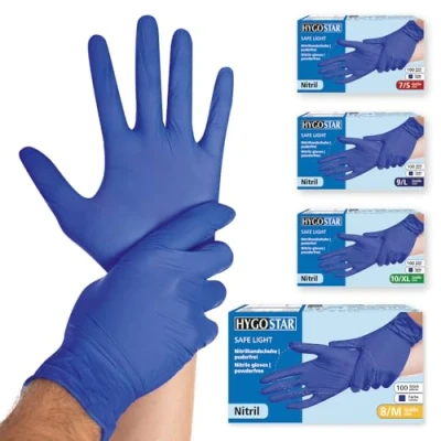 Abbildung von Franz Mensch Hygostar Nitrilhandschuhe Safe Light puderfrei, kobaltblau, 8/M, 24cm, 100 Stück, Einweghandschuhe, Einmalhandschuhe, in Gr. XS, S, M, L, XL &amp; XXL verfügbar