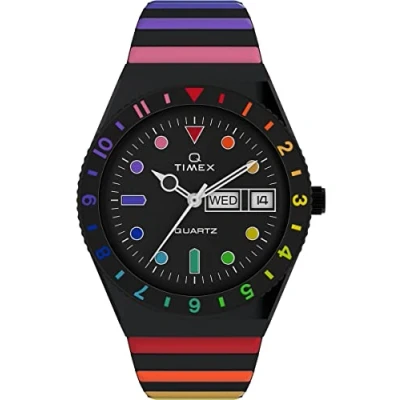 Abbildung von Timex Q Damen Armbanduhr, 36 mm, schwarzes dehnbares Edelstahlarmband, Zifferblatt, Gehäuse TW2V65900