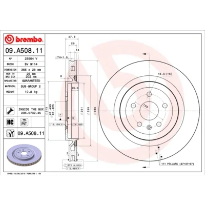Abbildung von BREMBO COATED DISC LINE 09.A508.11 Bremsscheibe 365 28 5 innenbelüftet beschichtet hochgekohlt mit Schrauben CHEVROLET: Camaro V Coupe