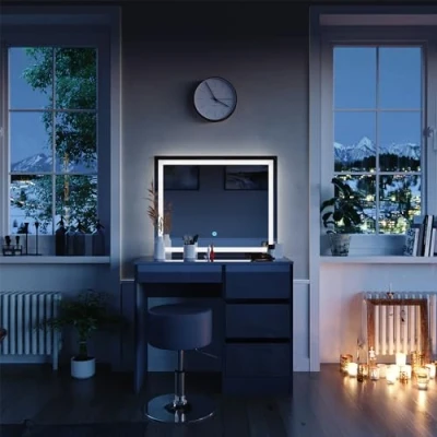 Abbildung von Vicco Schminktisch Sherry, Anthrazit Hochglanz, 90 cm mit LED Spiegel und Hocker