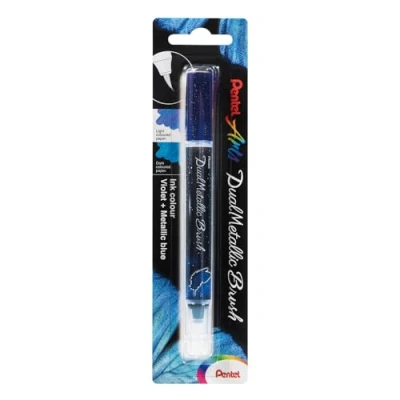 Abbildung von Pentel XGFH DVX Dual Metallic Brush Pinselstift. changierender Glitzertinte, violett/metallic blau, 1 Stück auf Blisterkarte