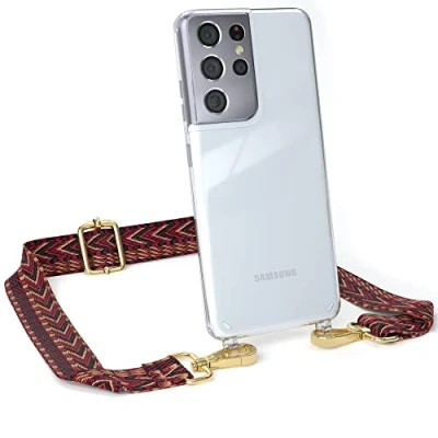 Abbildung von EAZY CASE Handykette Verstellbarer Trageriemen kompatibel mit Samsung Galaxy S21 Ultra, Schulterriemen, Festivalbag transparentem Cover, zum Umhängen, Rot/Braun Schnalle Gold