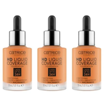 Abbildung von Catrice HD Liquid Coverage Foundation, Nr. 066, Nude, langanhaltend, mattierend, matt, für unreine Haut, vegan, ölfrei, wasserfest, ohne Parabene, 3er Pack (3x30ml)