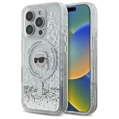 Abbildung von CG Mobile Karl Lagerfeld Magsafe Liquid Glitter Hard Case mit Kopf für iPhone 16 Pro Max klar
