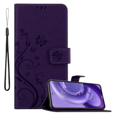 Abbildung von Cadorabo Hülle kompatibel mit Motorola Edge 30 NEO Blumen Design aus Premium Kunst Leder Flip Klappbare Stoßfeste Magnetische [Standfunktion] [Kartenfächern] Cover Case Tasche in Lila