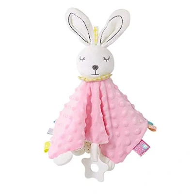 Abbildung von Inchant Babydecke, beruhigend, sensorische Decke, Stofftier Spielzeug, Plüsch, Sicherheitsdecke mit bunten Etiketten, Lovey Bunny Appease Handtuch, Kleinkinder, rosa Häschen