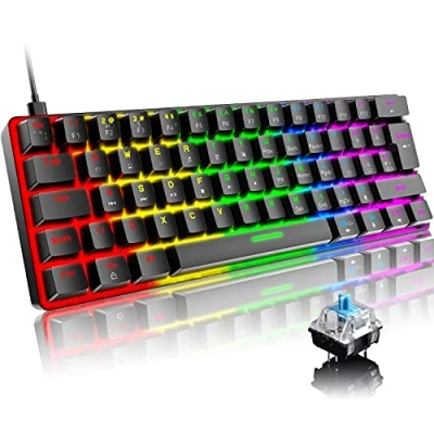 Abbildung von Mini 60% Gaming Tastatur Kabelgebundene mechanische Keyboard, Kompakte Tragbare 62 Tasten, UK Layout, 19 RGB Chroma Backlit, Abnehmbarer USB Typ C, für Laptop, Mac, PS4,Xbox (Schwarz/Blauer Schalter)
