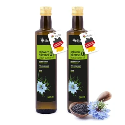 Abbildung von Schwarzkümmelöl 500 ml (2er Pack), gefiltert 100% rein, kaltgepresst, Vielseitig für Küche und Hautpflege, Frei von Zusatzstoffen mituso…