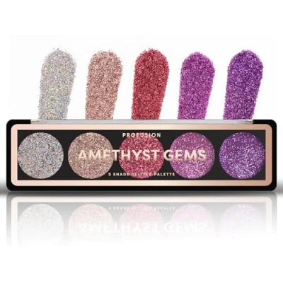 Abbildung von Profusion Cosmetics Glitzer Palette mit 5 Farbtönen, entfesseln Sie Ihr inneres Funkeln lebendigen, gepressten Glitzern und Edelsteinen für mühelosen Glamour, heben Ihren Look