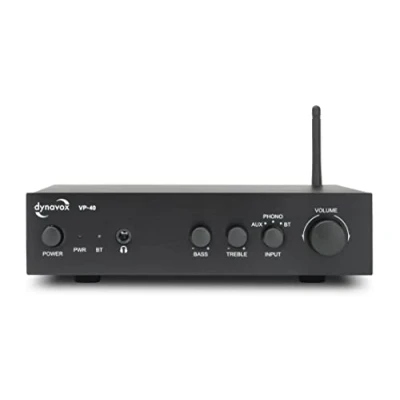 Abbildung von Dynavox VP 40 Stereo Verstärker, kompakter HiFi Verstärker mit Phono Eingang für Plattenspieler, BT Streaming, Bass und Höhenregelung, Kopfhöreranschluss, schwarz