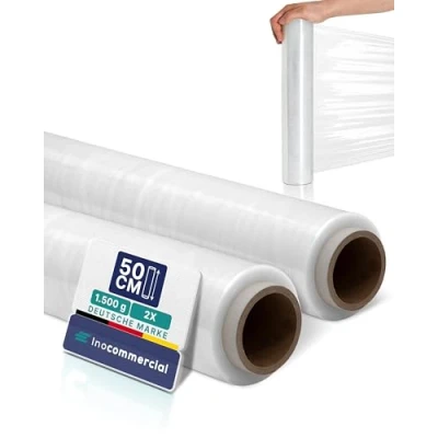 Abbildung von Inoverse 2 Rollen Stretchfolie Transparent Wickelfolie 50cm/1.5kg, Folie Für Möbel &amp; Umzug, Palettenfolie, Handstretchfolie, Verpackungsfolie auf Rolle, Strechfolienrolle, Verpackungsmaterial