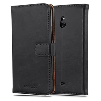 Abbildung von Cadorabo Hülle kompatibel mit Nokia Lumia 1320 aus Premium Kunst Leder Flip Klappbare Stoßfeste Magnetische [Standfunktion] [Kartenfächern] Cover für Tasche in Schwarz