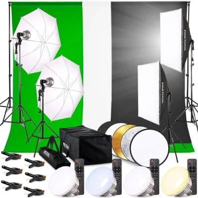 Abbildung von PIXETOOL Fotostudio Set Greenscreen (3 x 3 m) mit Ständer (0,9 2,6 Softbox Lampen Green Screen Fotohintergrund Reflektor Studiolicht Fotolampe Streaming Fotografie Zubehör