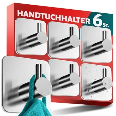 Abbildung von Menz Handtuchhalter ohne Bohren Edelstahl, 6er Set Hochwertige Badezimmer Handtuchhalter, wasserfeste Klebehaken fürs Bad, Haken selbstklebend als funktionale Handtuchhaken, stabil und rostfrei