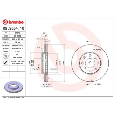 Abbildung von BREMBO 09.9554.10 Bremsscheibe 240 21 4 innenbelüftet mit Schrauben HONDA: Jazz 2 Schrägheck, Logo