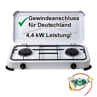 Abbildung von Gaskocher Campingkocher 2 flammig 50 mbar mit Gasschlauch und Gasregler 360 Manometer Gas Füllstandsanzeige Schlauchbruchsicherung