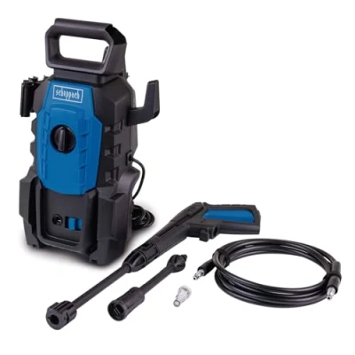 Abbildung von Scheppach Hochdruckreiniger HPC1400 mit Aluminiumpumpe &amp; Quick Connect System 1400W Motorleistung 110 bar Maximaldruck 390 L/h Durchflussmenge 3m Schlauch, Verlängerung, Lanze, Filter Düse