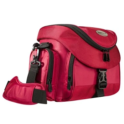 Abbildung von Mantona Premium Kameratasche Universaltasche inkl. Schnellzugriff, Staubschutz, Tragegurt und Zubehörfach, geeignet für DSLM DSLR Kameras, rot/schwarz