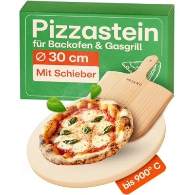 Abbildung von Praknu Pizzastein Für Backofen, Gas und Grill Rund 30 cm Ø Holz Pizzaschieber Ofen Set, Cordierit, (Set, 2 St), Knusprigen Boden bis 900 C Wärme Speichernd Pizzaschaufel