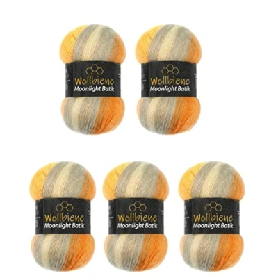 Abbildung von Wollbiene Moonlight Batik 5 x 100g Strickwolle 500 Gramm Wolle zum Stricken und Häkeln 20% türkische Farbverlaufswolle (4000 orange gelb grau)