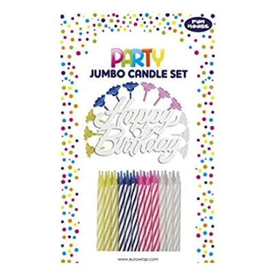 Abbildung von Eurowrap Clairefontaine 12636 GC Set mit 24 Kerzen (+ 12 Kerzenhalter) sortierte Farben + Deko &#039;&#039;Happy Birthday&#039;&#039;, 1 Set, Weiß