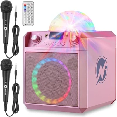 Abbildung von N GEAR Block Party 602 Karaoke Maschine und Musikbox Kinder 100 Watt, 6 Stunden Akku, Discokugel Licht, Bluetooth, USB/SD MP3, 2 Mikrofon Partybox &amp; Anlage mit Mikrofonen