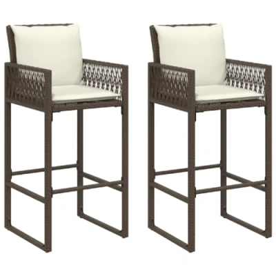 Abbildung von vidaXL Garten Barhocker 2 STK., Barstuhl mit Kissen Stahlrahmen, Gartenstuhl Armlehnen, Tresenhocker Bistrohocker Tresenstuhl, Braun Poly Rattan