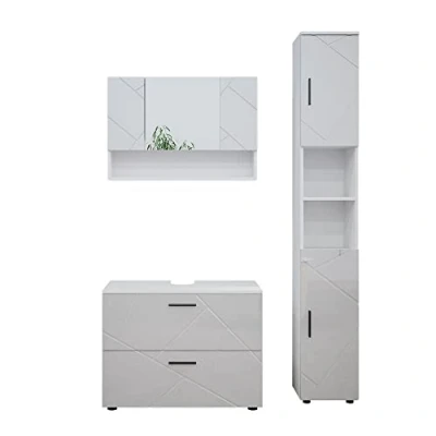Abbildung von Vicco Badmöbel Set Irma, Weiß Hochglanz, 3 Teile, mit Spiegelschrank 80 cm, (3 St., er Set)
