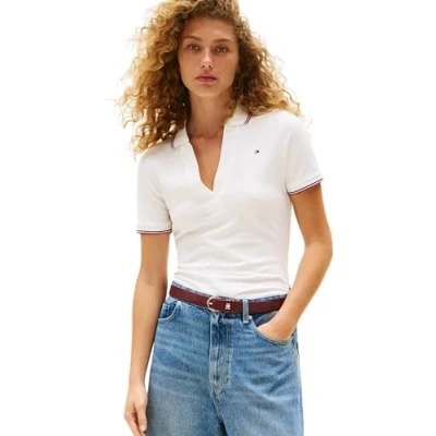 Abbildung von Tommy Hilfiger Damen Poloshirt Kurzarm Open Slim Fit, Weiß (Ecru), 3XL