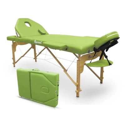Abbildung von QUIRUMED Elite Klappmassagetisch aus Holz, Farbe Grün, 194 x 70 cm, Massagetisch, Kunstleder, tragbar, klappbare Rückenlehne, Abnehmbarer Kopf, Gesichtsloch, höhenverstellbar, bis zu 150 kg