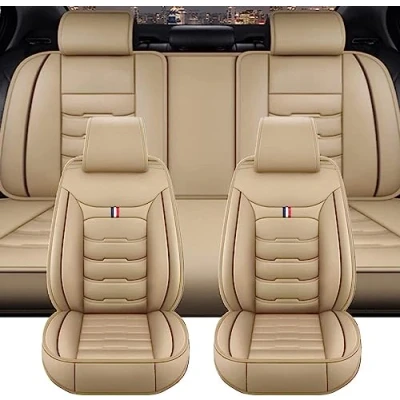 Abbildung von GSDOMJ Autositzbezüge für VW 20092019/VW Amarok 20102018, echtes Leder, wasserdicht und atmungsaktiv, 5 Sitz Sitzbezug, Autoteile, Beige