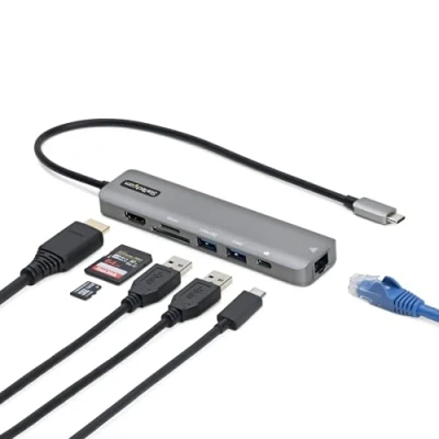Abbildung von StarTech.com USB C Multiport Adapter auf 4K 60Hz HDMI 2.0, 100W Power Delivery Pass Through, SD/MicroSD, 2 Port 3.0 Hub, GbE Mini Dock 30cm langes Kabel (DKT30CHSDPD1)