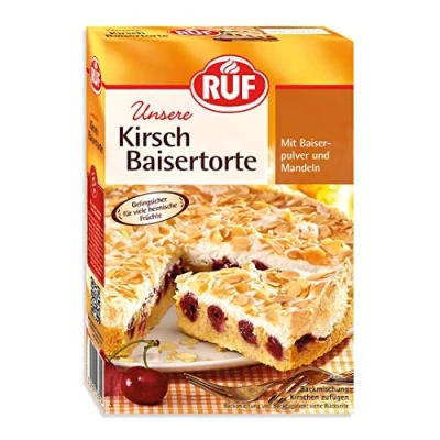 Abbildung von RUF Kirsch Baiser Torte, Backmischung für eine Torte mit Kirschen oder Stachelbeeren und Mandeln, gelingsicherem Pulver, 1 x 350g