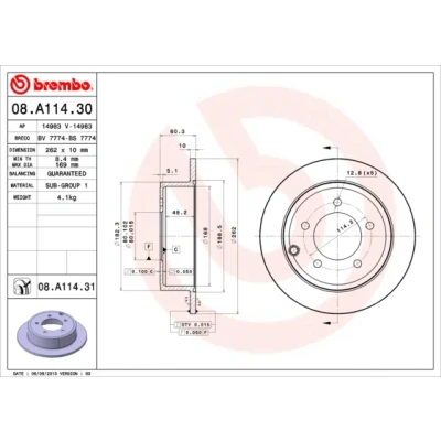 Abbildung von BREMBO COATED DISC LINE 08.A114.31 Bremsscheibe 262 10 5 voll beschichtet JEEP: Patriot, Compass, DODGE: Caliber, Avenger Limousine
