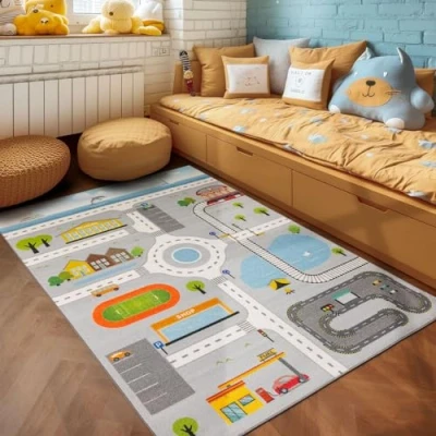 Abbildung von Teppich Straßenteppich, SIMPEX24, Läufer, Höhe: 7 mm, Kinderteppich Straßenteppich Kinderzimmer Rutschfest Waschbar