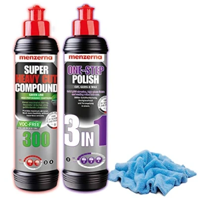 Abbildung von detailmate Einsteiger Politur Set Menzerna Medium Cut One Step Polish 3 in 1 + Autopolitur Super Heavy Compound 300, 250 ml Allzweck Mikrofasertuch Poliertuch